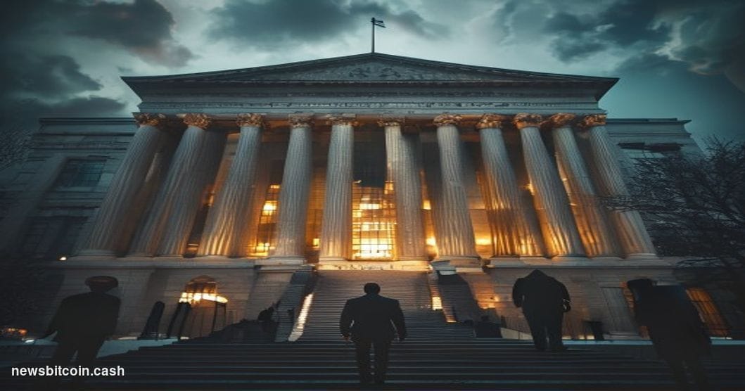 A cinematic photorealistic editorial photograph showing the imposing neoclassical facade of a Federal Reserve building or ban