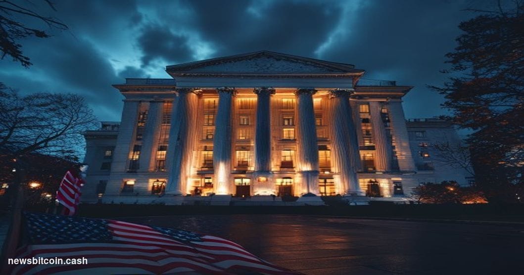 Cinematic photorealistic editorial photograph of the Federal Reserve headquarters building (Marriner S. Eccles Federal Reserv