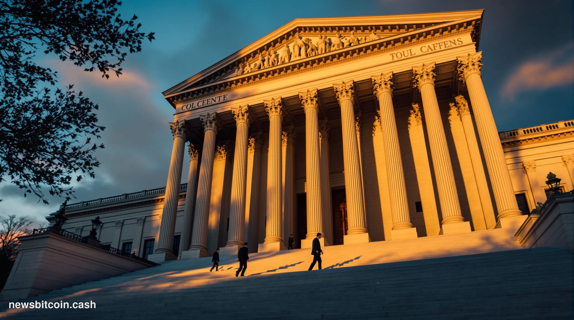 A cinematic photorealistic editorial photograph of the imposing Federal Reserve building in Washington D.C., specifically the