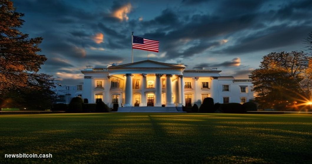 A cinematic photorealistic editorial photograph of the White House South Lawn at dusk, captured from a low angle with dramati