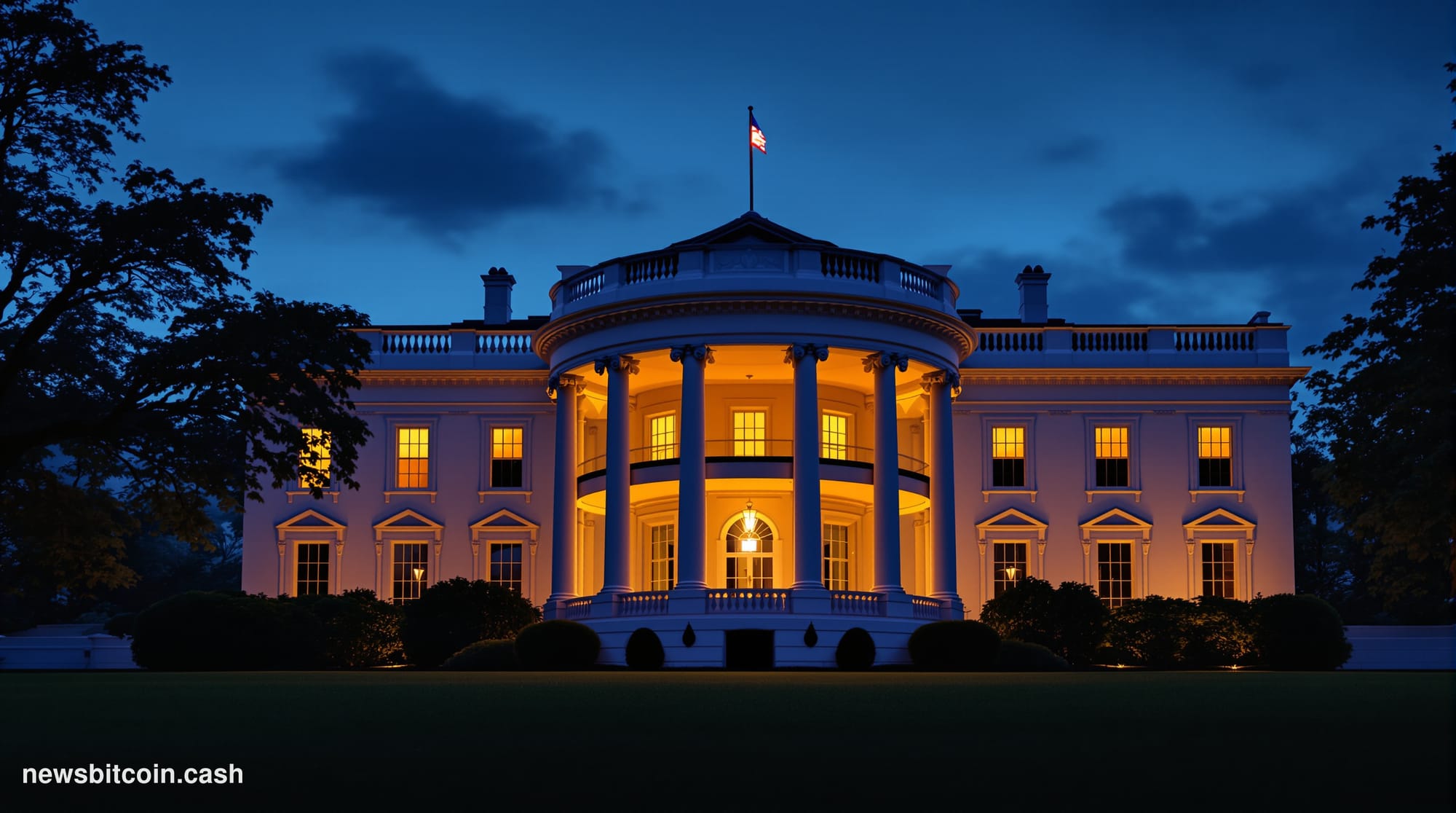 A cinematic photorealistic editorial photograph of the White House South Lawn at dusk, with the iconic presidential residence