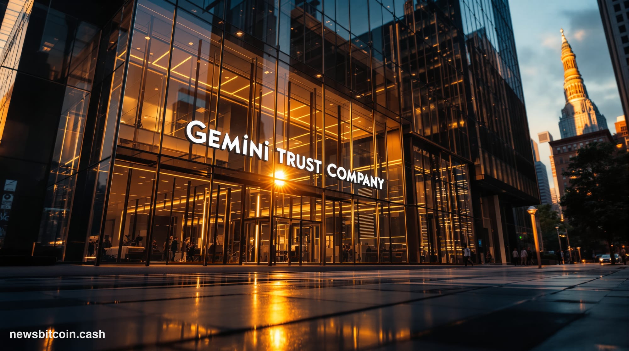 A cinematic photorealistic editorial photograph of the Gemini Trust Company headquarters building in New York City, shot from