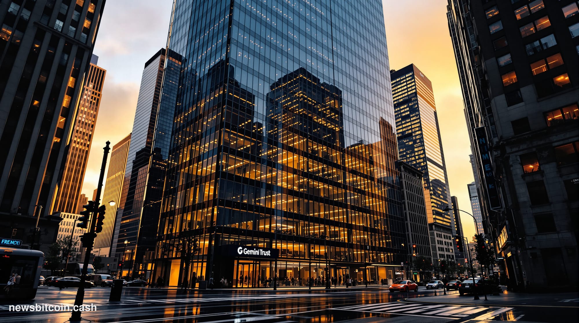 A cinematic photorealistic editorial photograph of the Gemini Trust headquarters building in New York City, captured during g