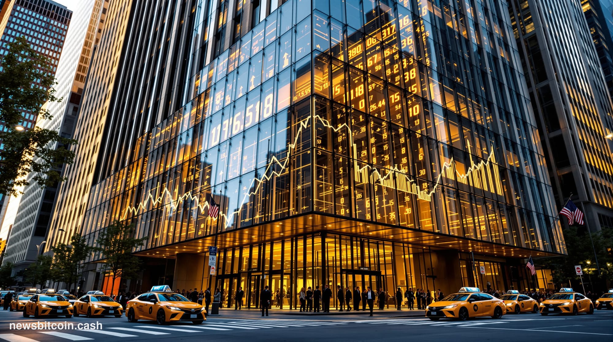 A cinematic photorealistic editorial photograph showing the imposing facade of a modern glass-and-steel financial building in