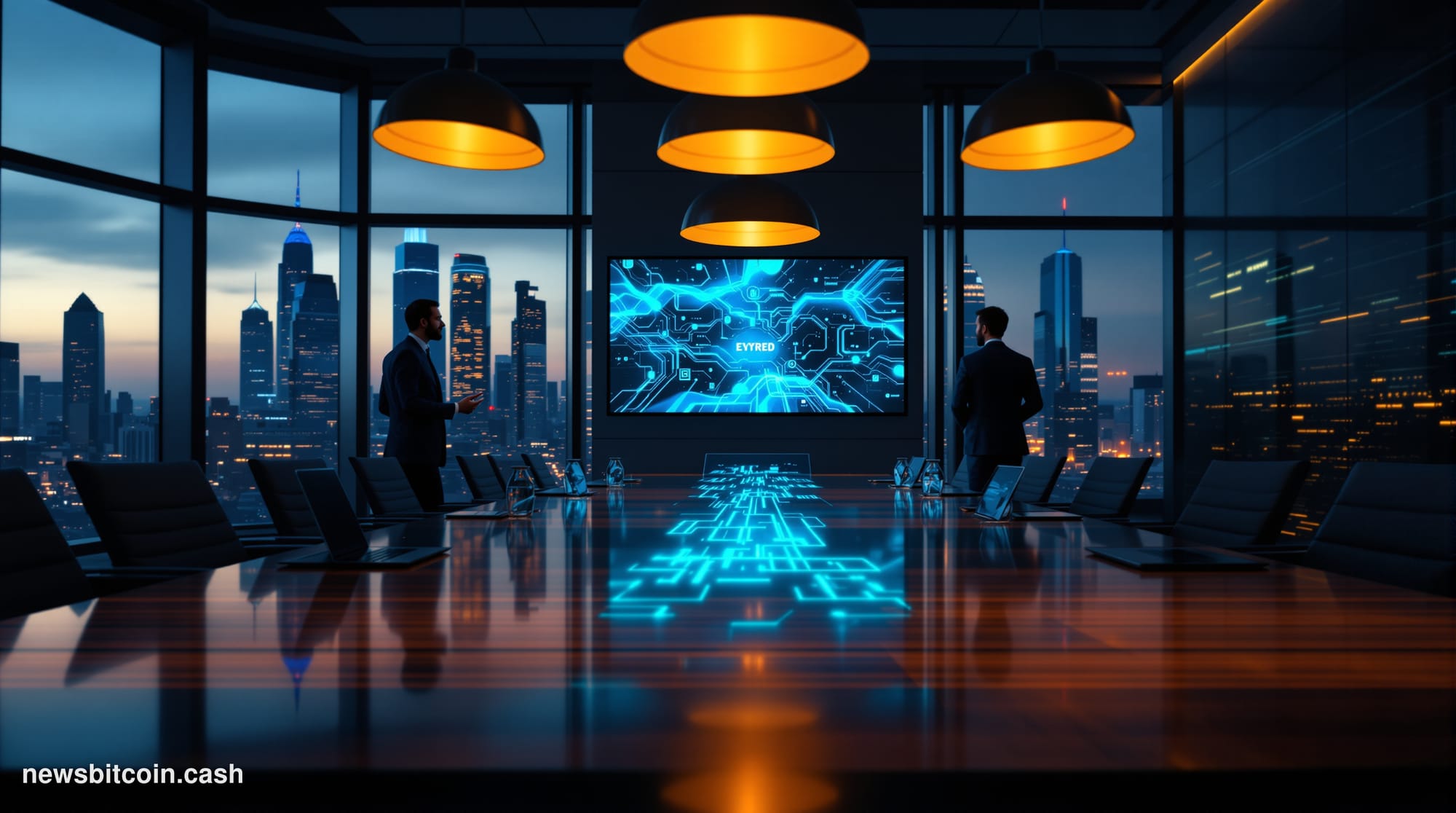 A cinematic photorealistic editorial photograph of a modern corporate boardroom during a high-stakes acquisition meeting, sho
