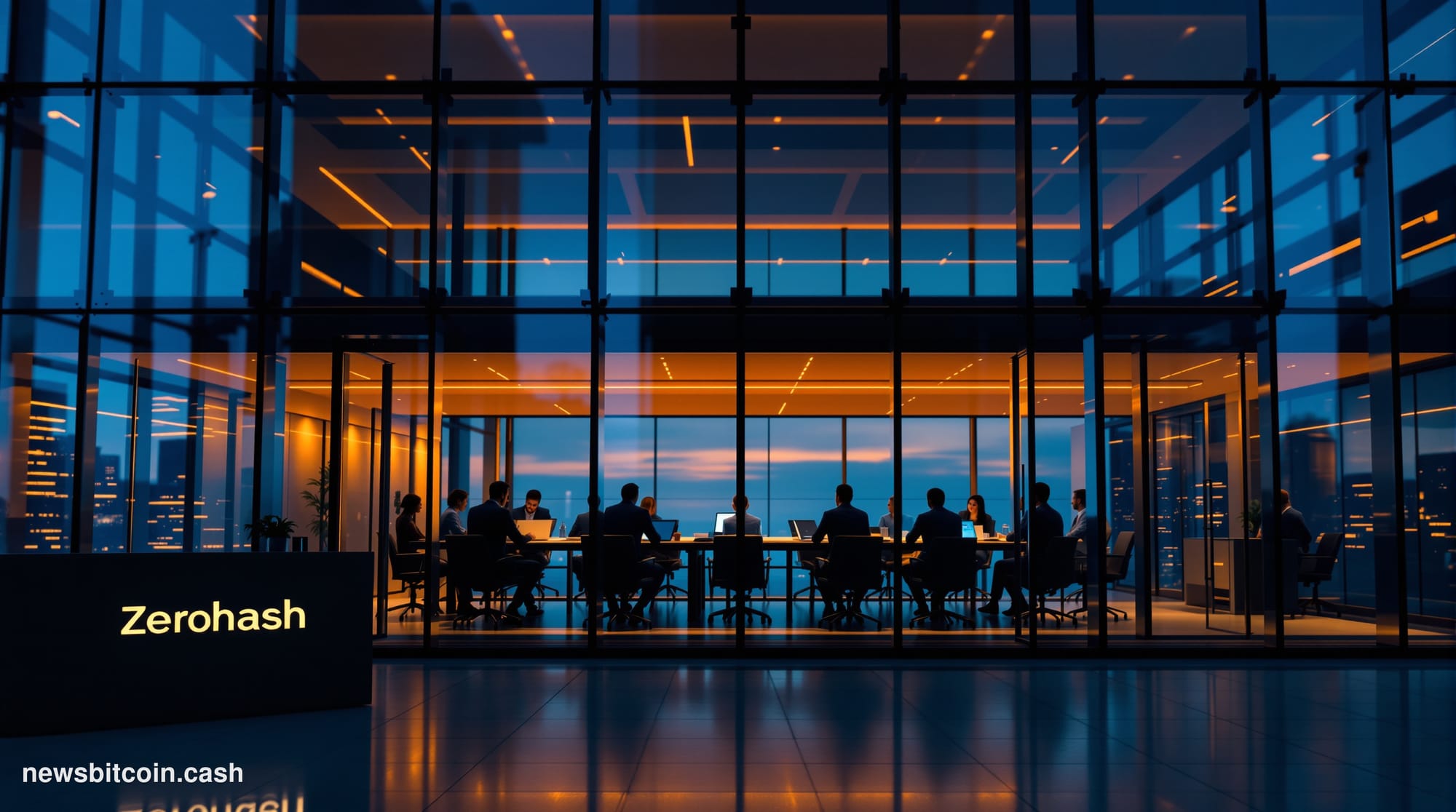 A dramatic cinematic photograph of a modern glass-walled corporate boardroom at dusk, shot from outside looking in through fl