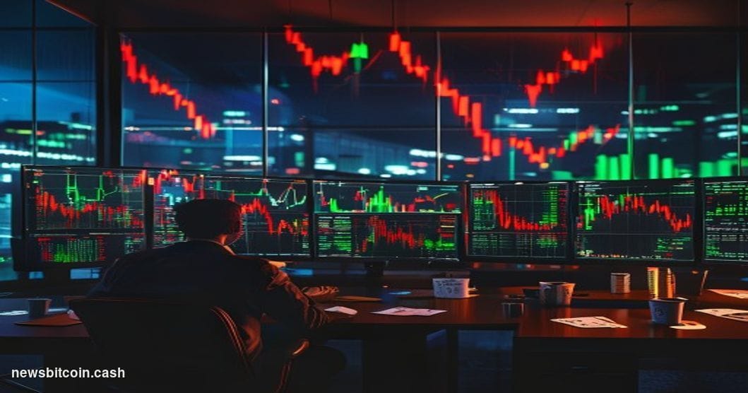 A cinematic photorealistic editorial photograph showing a dramatic downward-trending financial chart displayed on multiple la