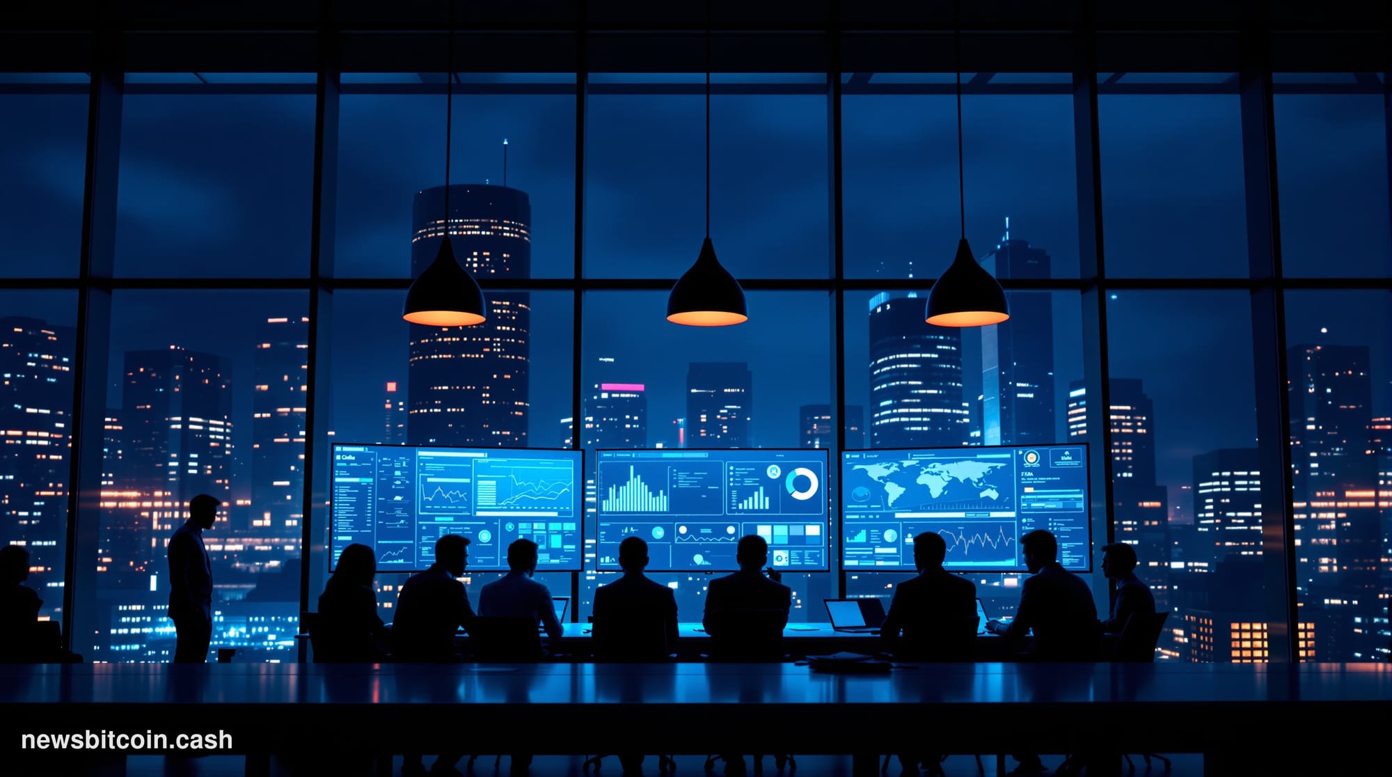 A cinematic photorealistic editorial photograph of a modern financial institution's crisis management center during a late-ni