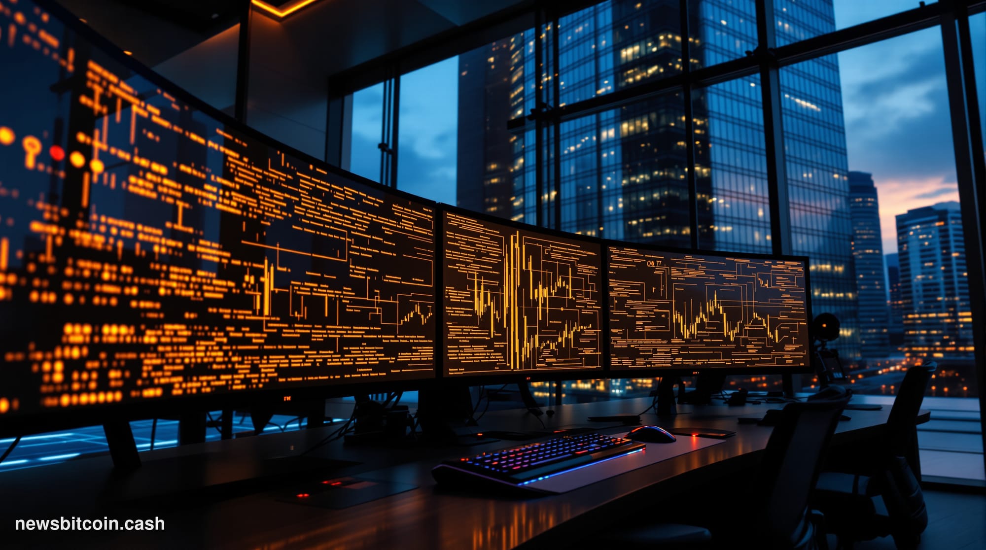 A cinematic photorealistic editorial photograph showing a high-tech security operations center with multiple curved monitors 