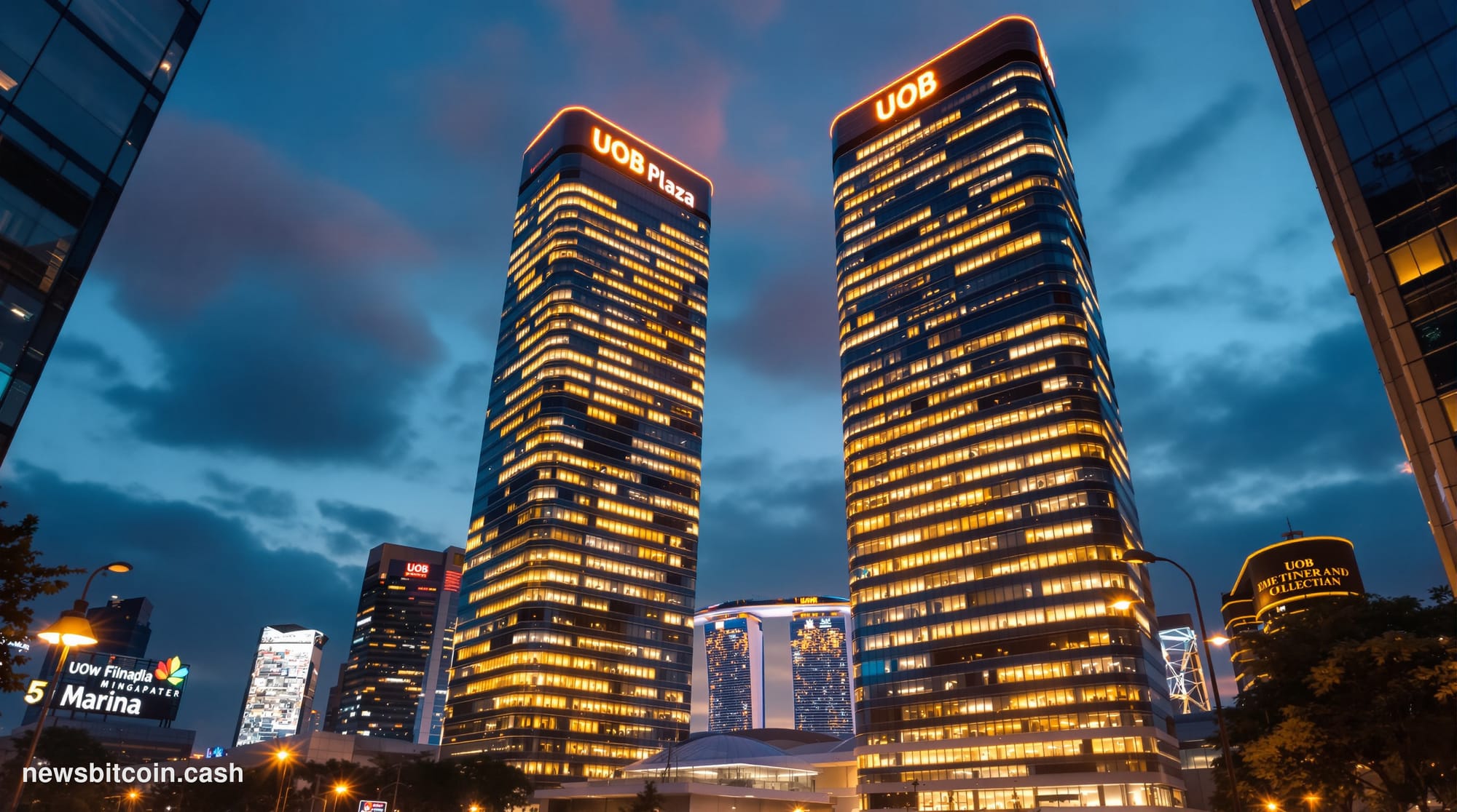 A cinematic photorealistic editorial photograph showing the dramatic Singapore financial district skyline at twilight, with U
