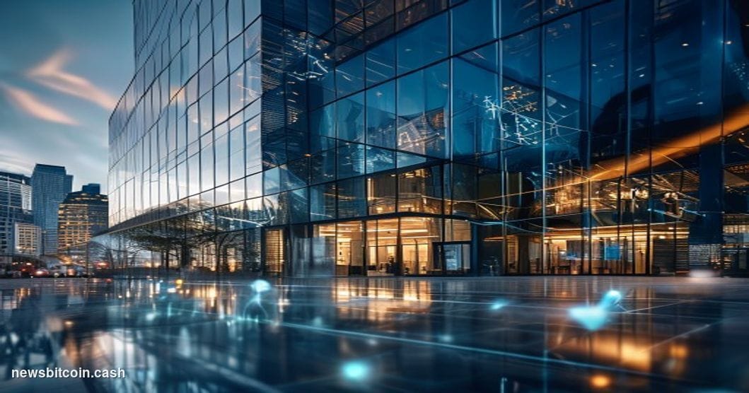 Cinematic photorealistic editorial photograph of Anchorage Digital's modern office building in downtown San Francisco, shot f