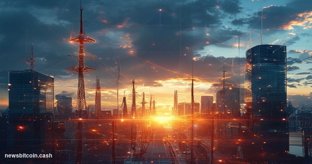 A cinematic photorealistic editorial photograph capturing the convergence of telecommunications and crypto infrastructure. Th
