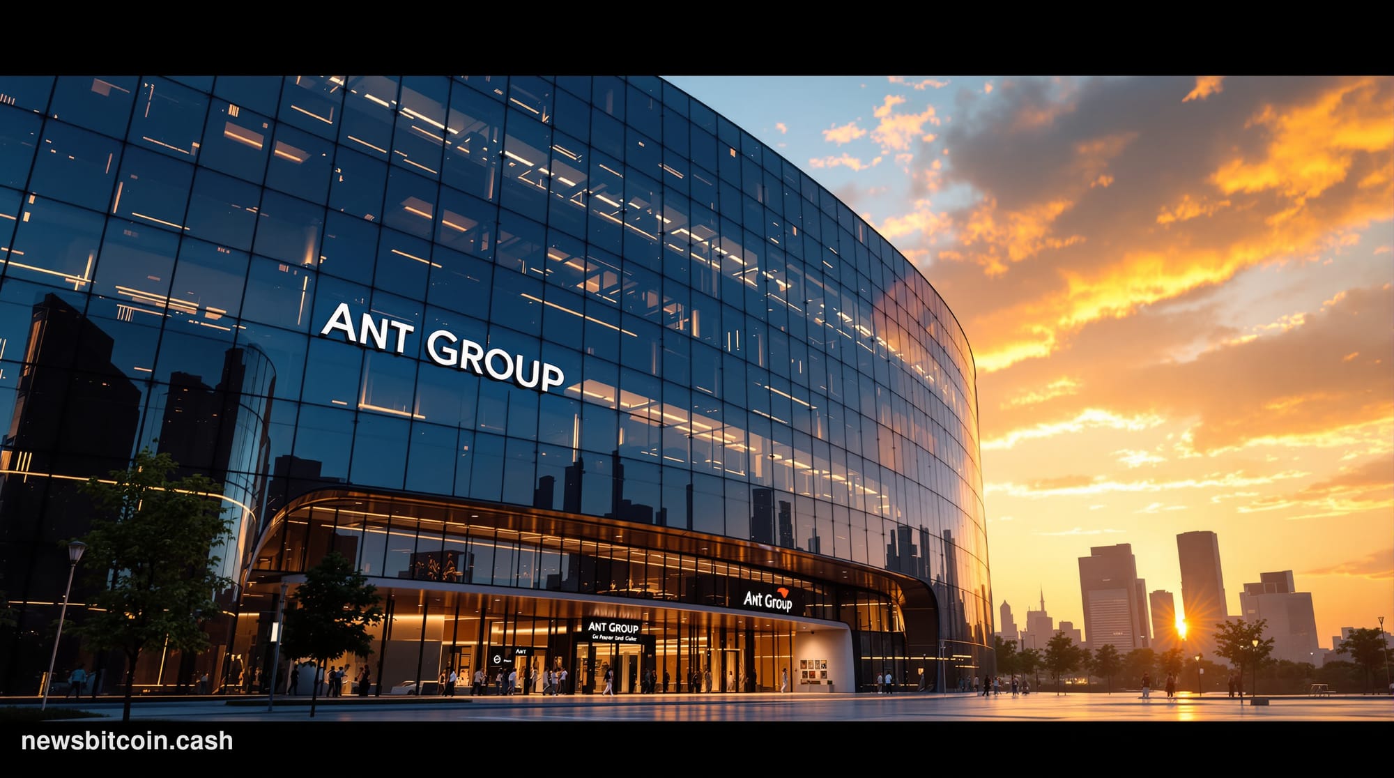 A cinematic photorealistic editorial photograph of Ant Group's distinctive headquarters building in Hangzhou, China, shot fro