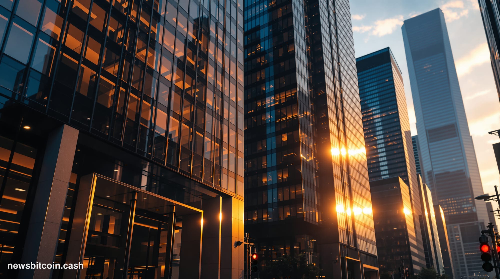 A cinematic photorealistic editorial photograph showing the imposing glass facades of major Wall Street financial institution