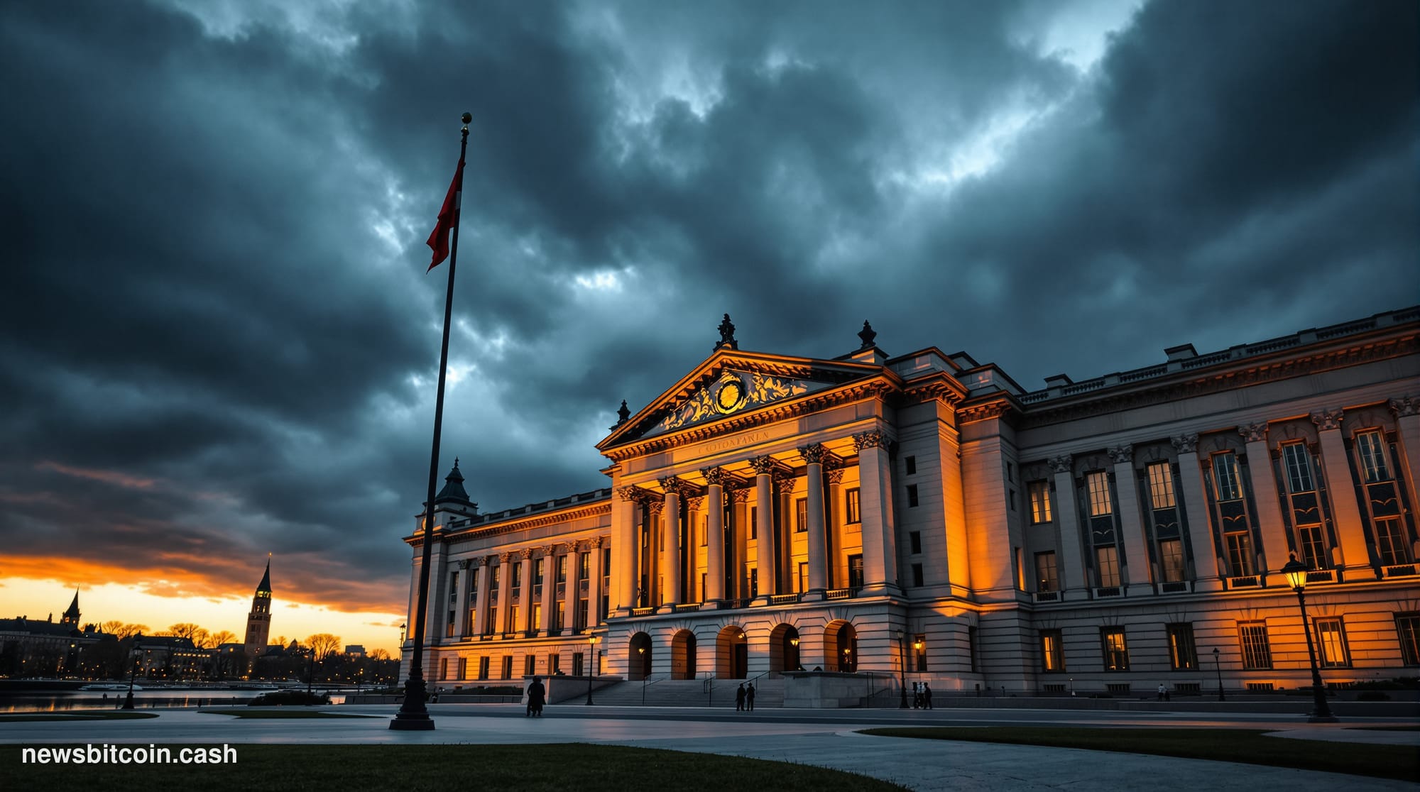 A dramatic cinematic photorealistic editorial photograph of the Bank of Canada's imposing limestone headquarters building in 