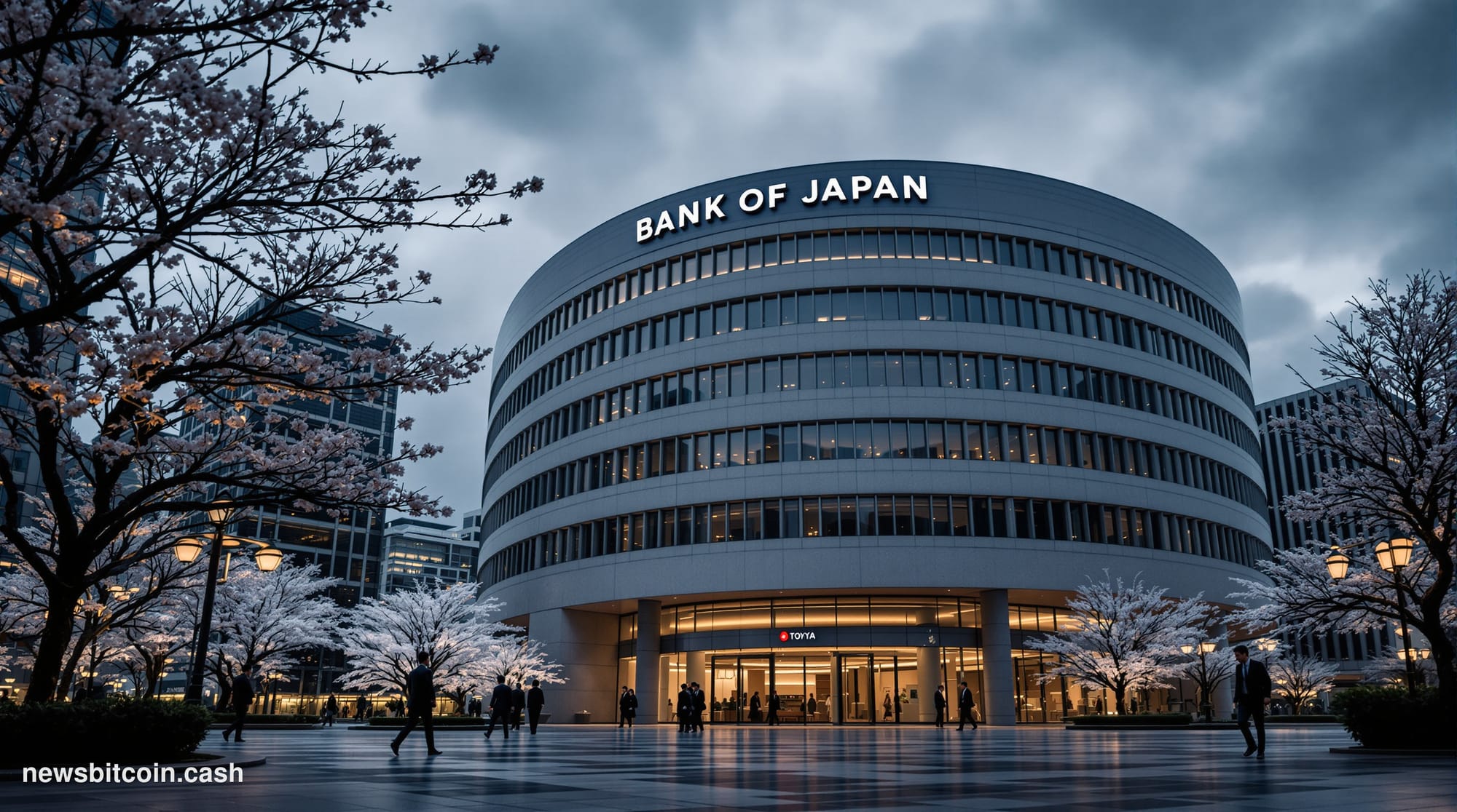 A cinematic photorealistic editorial photograph of the Bank of Japan headquarters in Tokyo's financial district, shot from a 