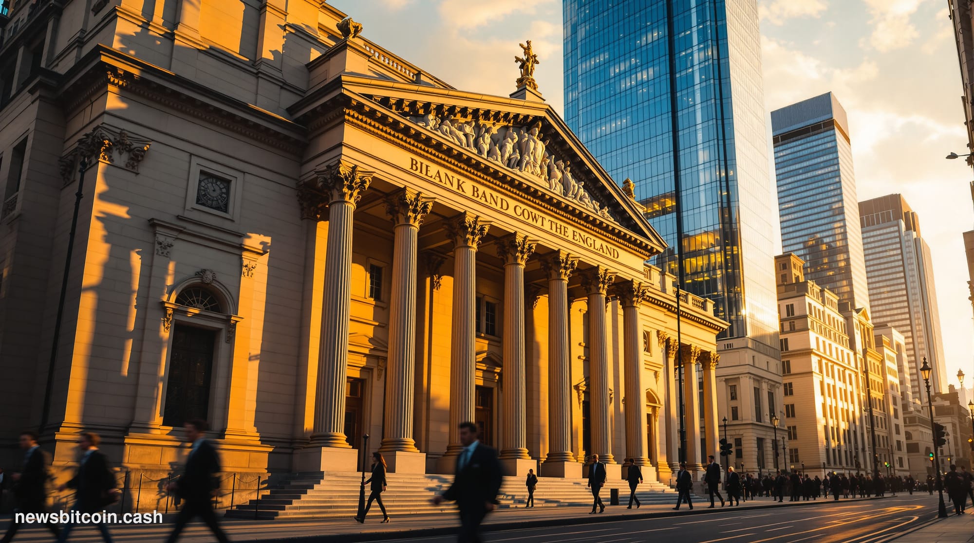 A cinematic photorealistic editorial photograph of the Bank of England's iconic neoclassical headquarters on Threadneedle Str