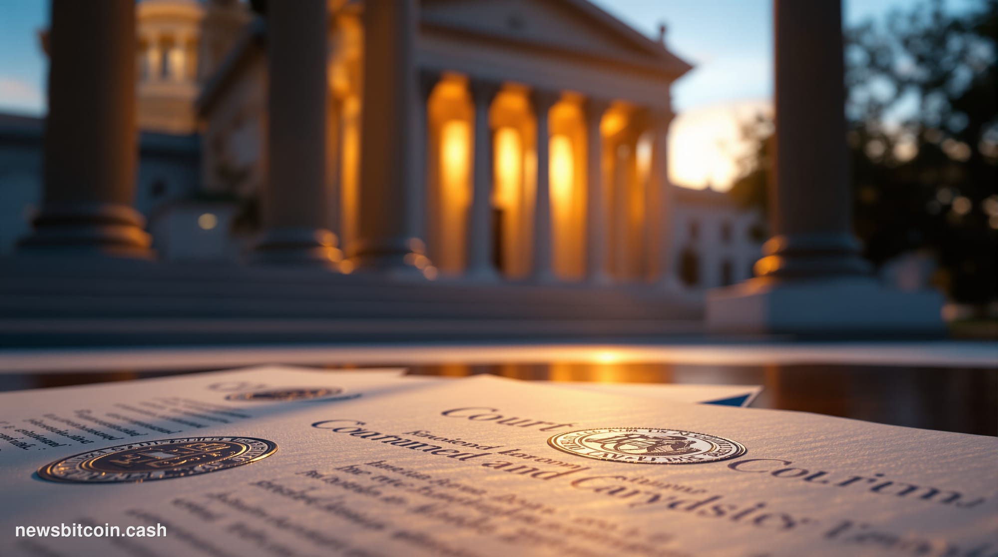 A cinematic photorealistic editorial photograph showing the imposing facade of a federal courthouse at dusk, with dramatic go