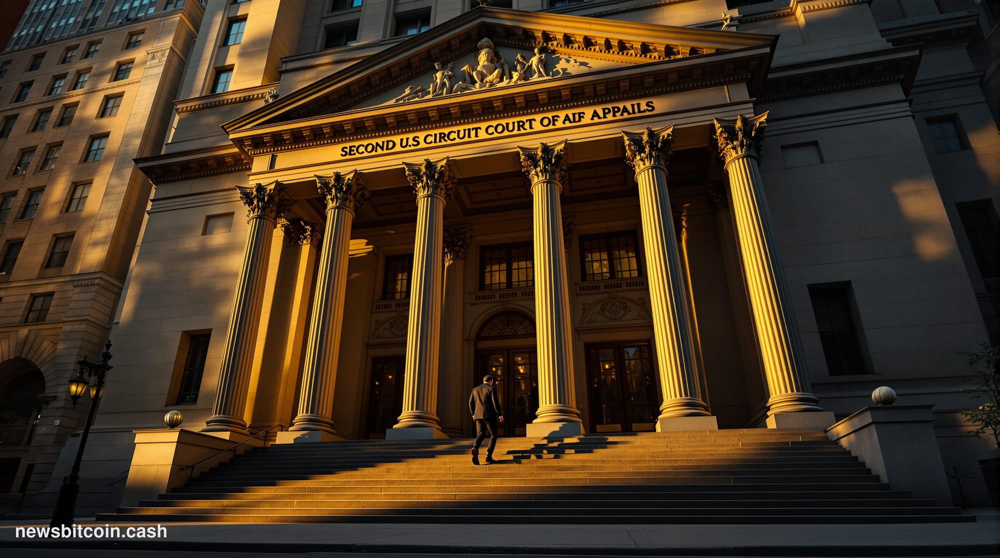 A cinematic photorealistic editorial photograph of the imposing Second US Circuit Court of Appeals building in Manhattan, sho