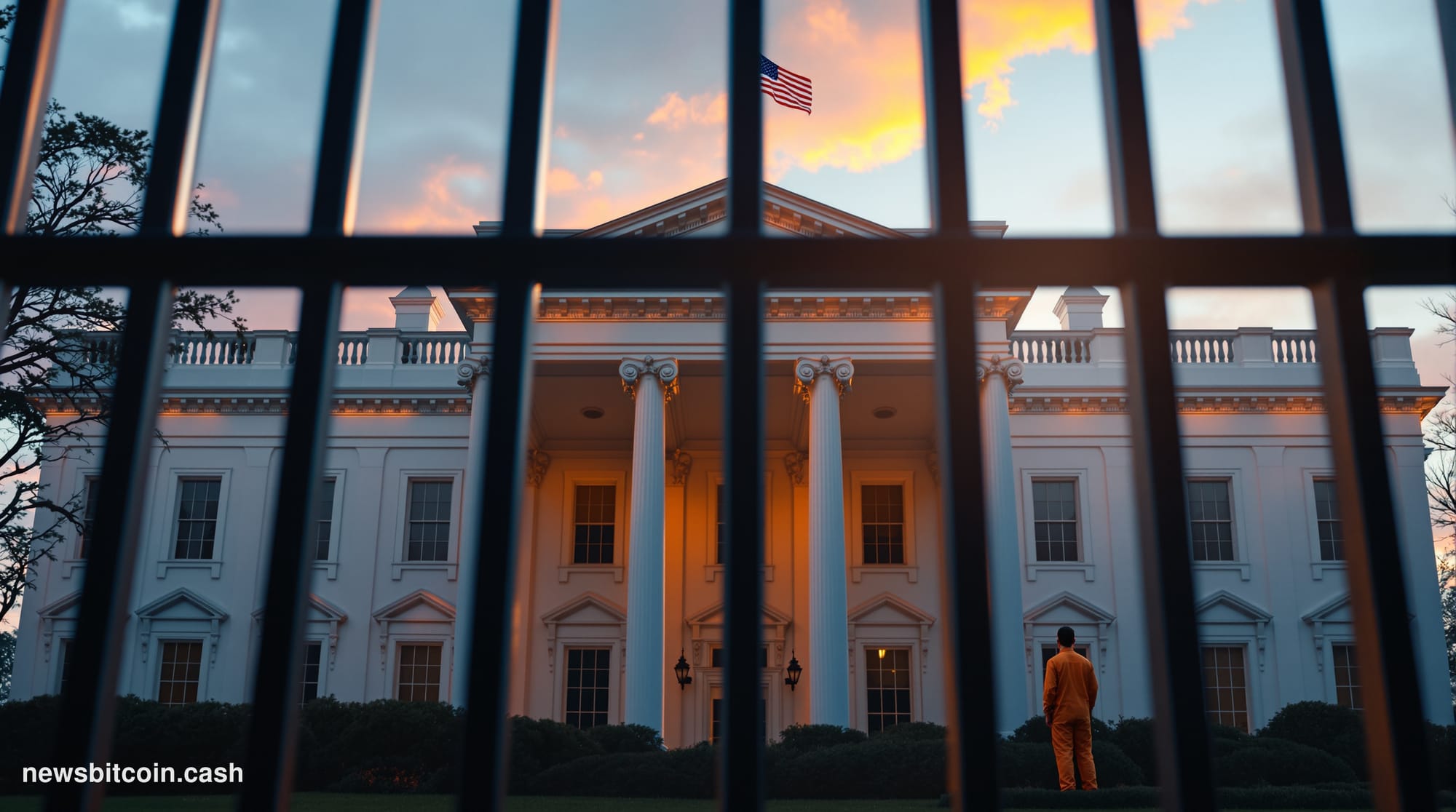 A cinematic photorealistic editorial photograph showing the imposing neoclassical facade of the White House's West Wing entra