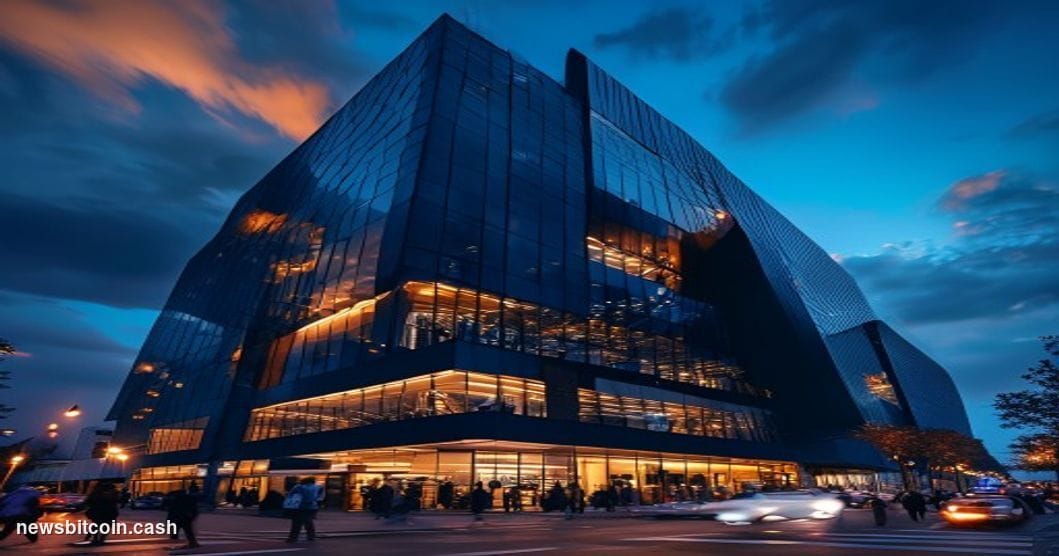 A cinematic photorealistic editorial photograph showing the exterior of Binance's modern corporate headquarters building at d