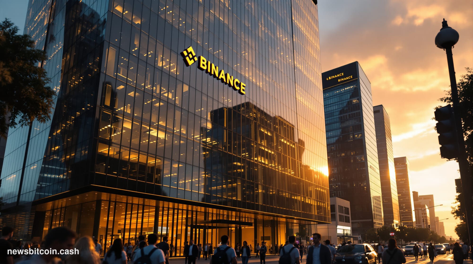 Cinematic photorealistic editorial photograph of Binance's modern headquarters building in Dubai or Singapore, shot during go