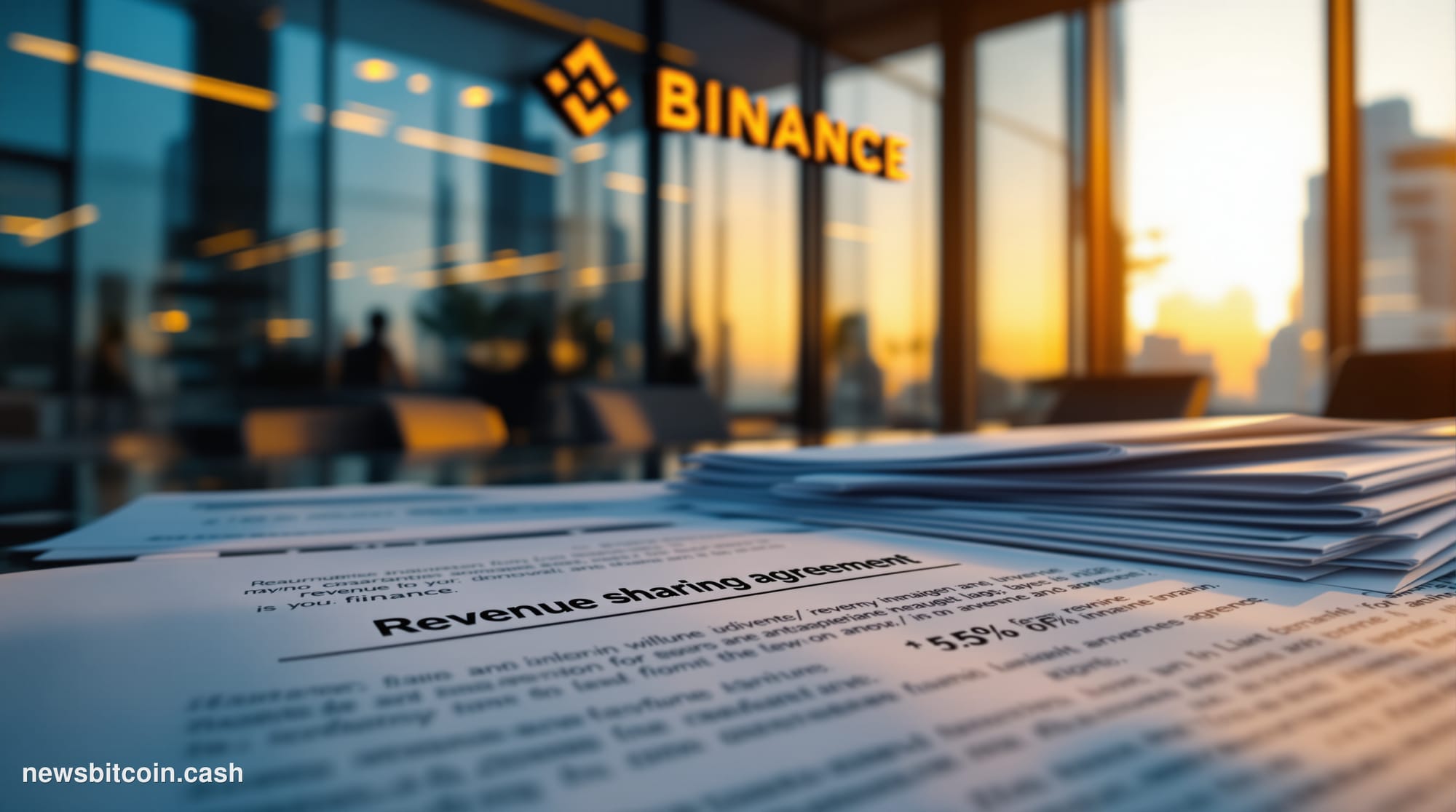 A cinematic photorealistic editorial photograph showing Binance's headquarters in Dubai or Malta with its distinctive modern 