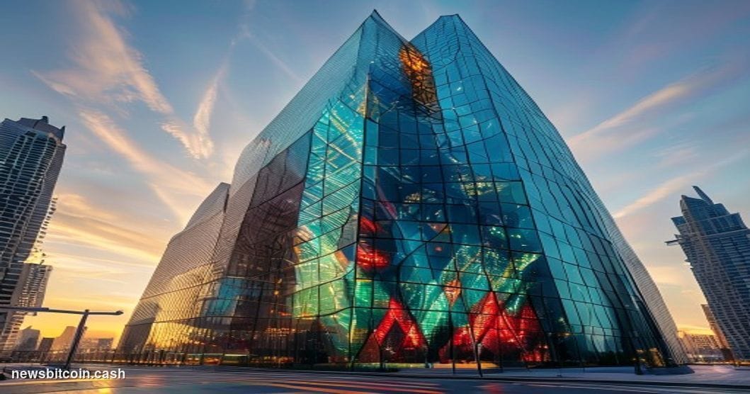 A cinematic photorealistic editorial photograph showing Binance's modern glass headquarters building in Dubai at golden hour,