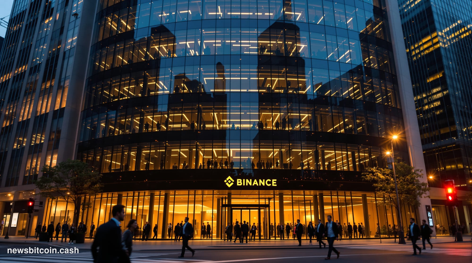 Cinematic photorealistic editorial photograph showing Binance's headquarters building in an urban financial district at dusk,