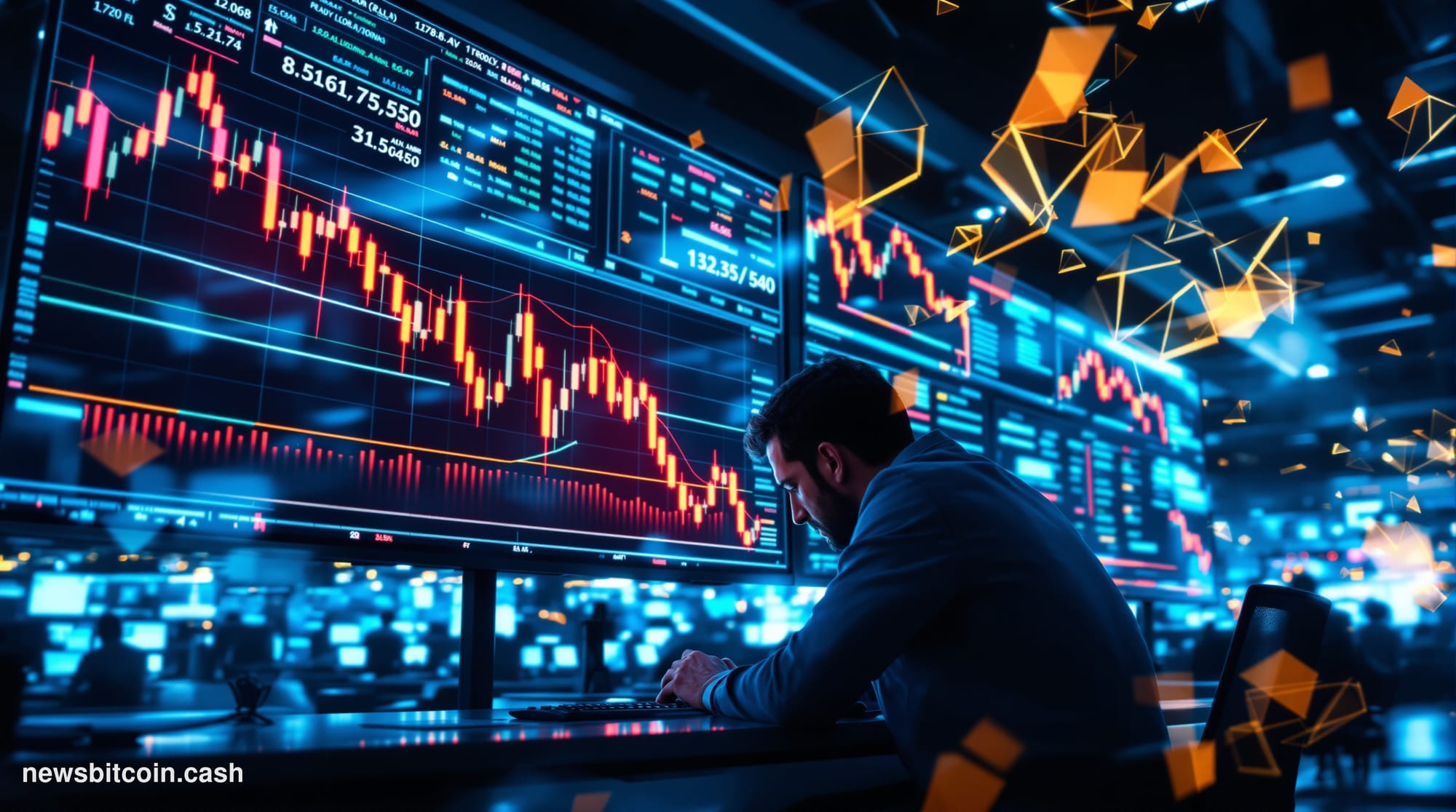 A cinematic photorealistic editorial photograph showing a dramatic financial trading floor scene with multiple large monitors