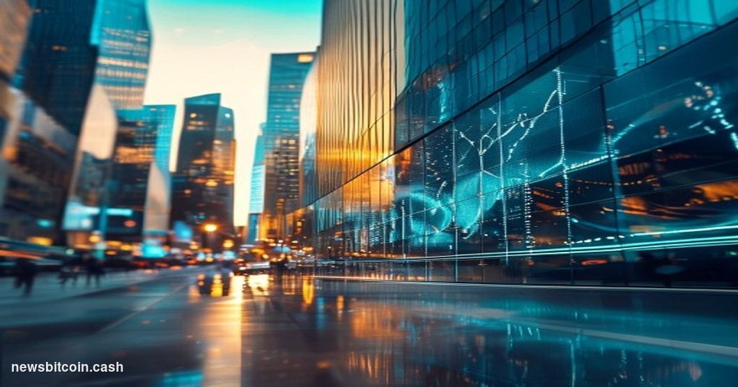 A cinematic photorealistic editorial photograph capturing Bitcoin's market momentum through a dramatic urban financial distri