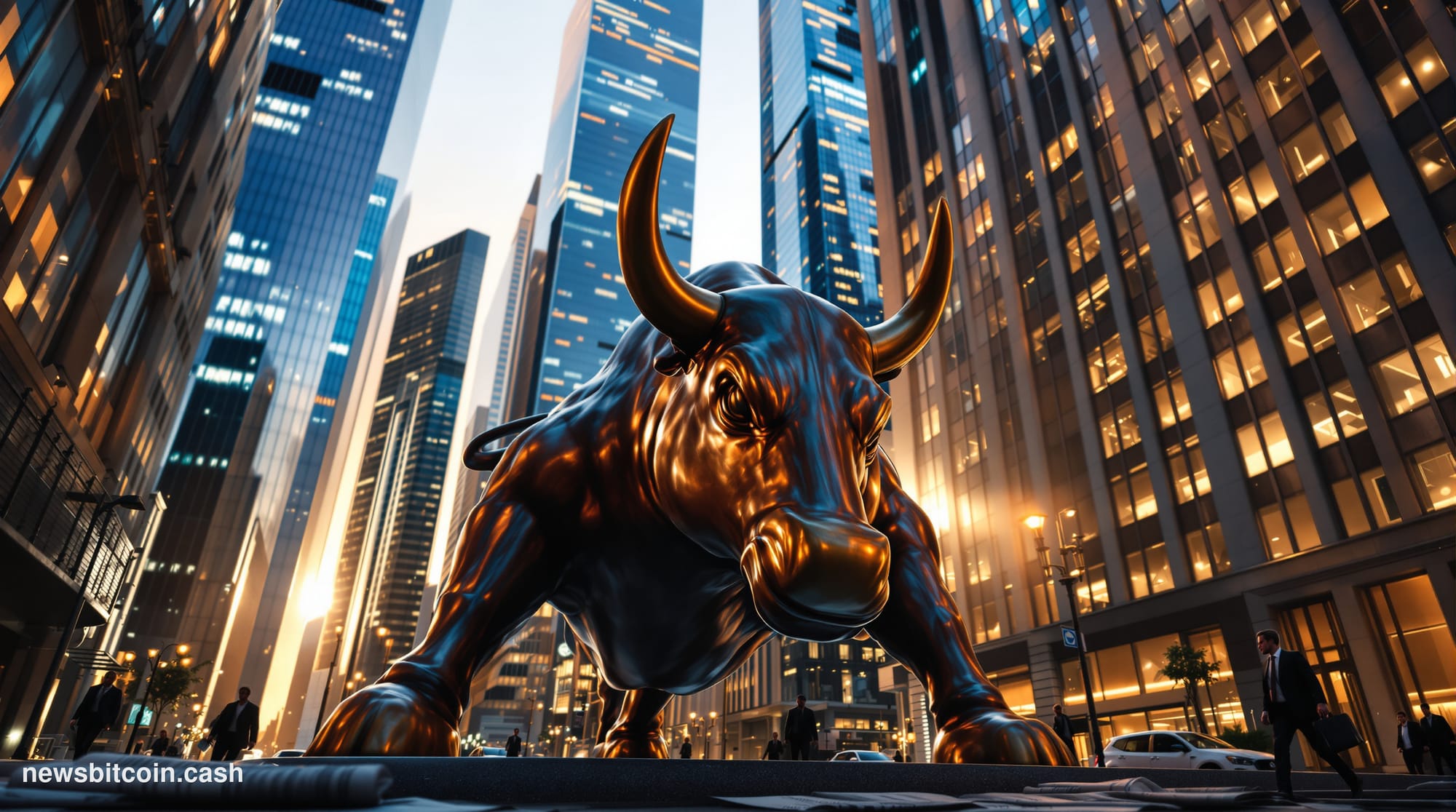 A cinematic photorealistic editorial photograph capturing the dramatic market downturn, shot from a low angle looking up at t