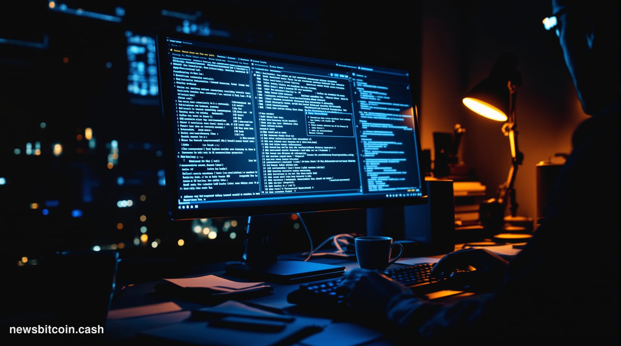 A cinematic photorealistic editorial photograph showing a dark computer screen displaying Bitcoin Core software interface wit