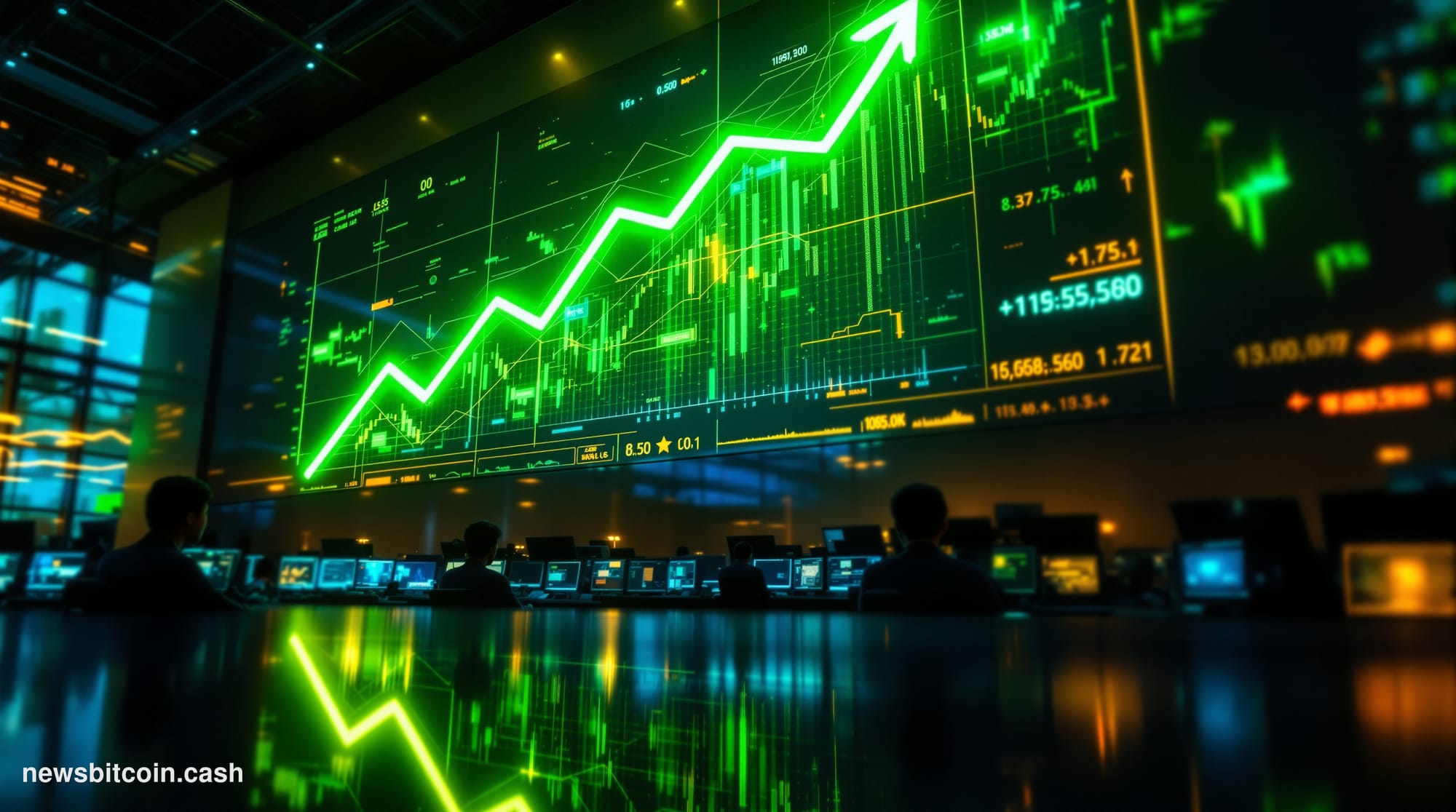 A cinematic photorealistic editorial photograph capturing Bitcoin's market momentum through a dramatic trading floor perspect