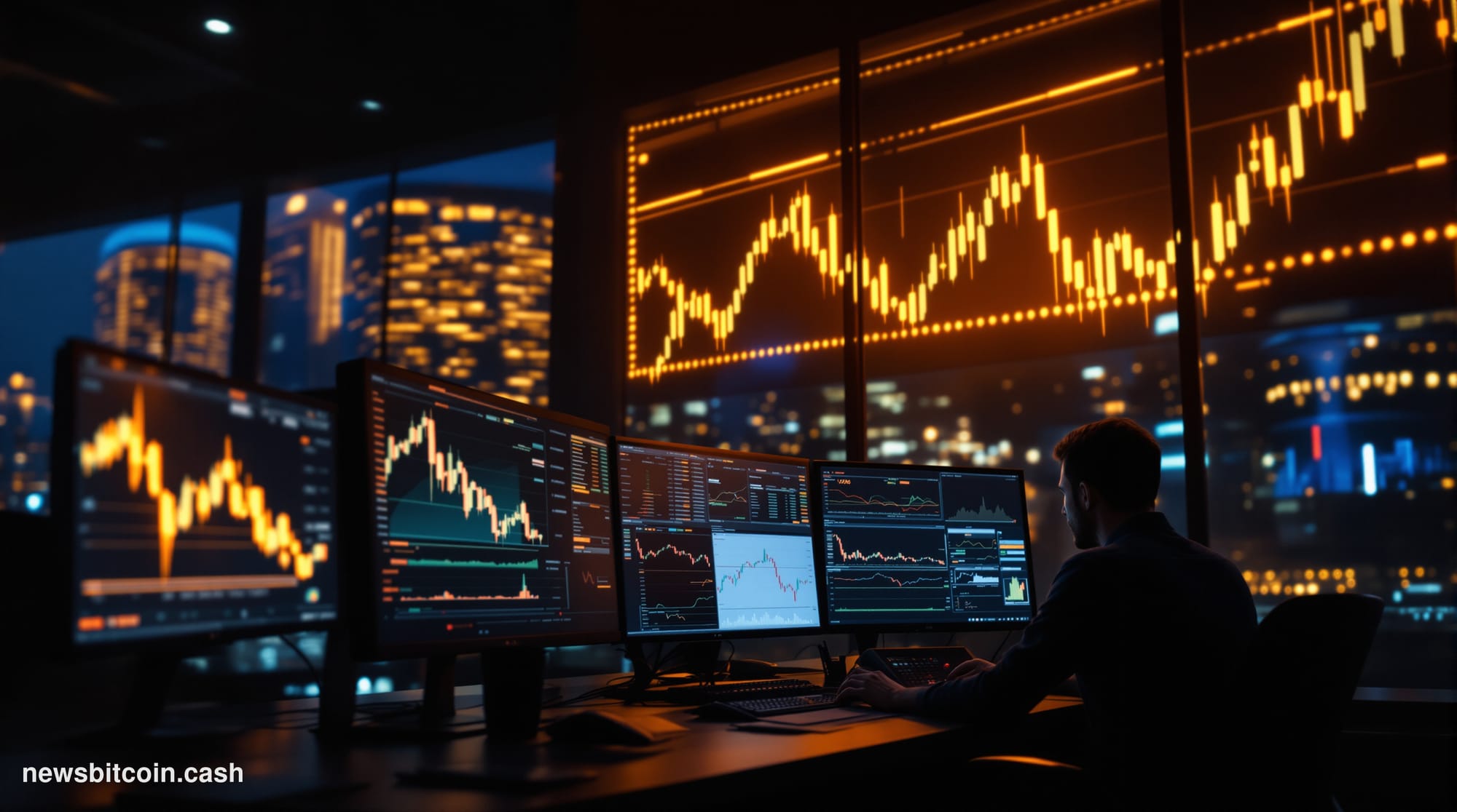 A cinematic photorealistic editorial photograph of a dimly lit trading floor or financial district at dusk, with multiple mon