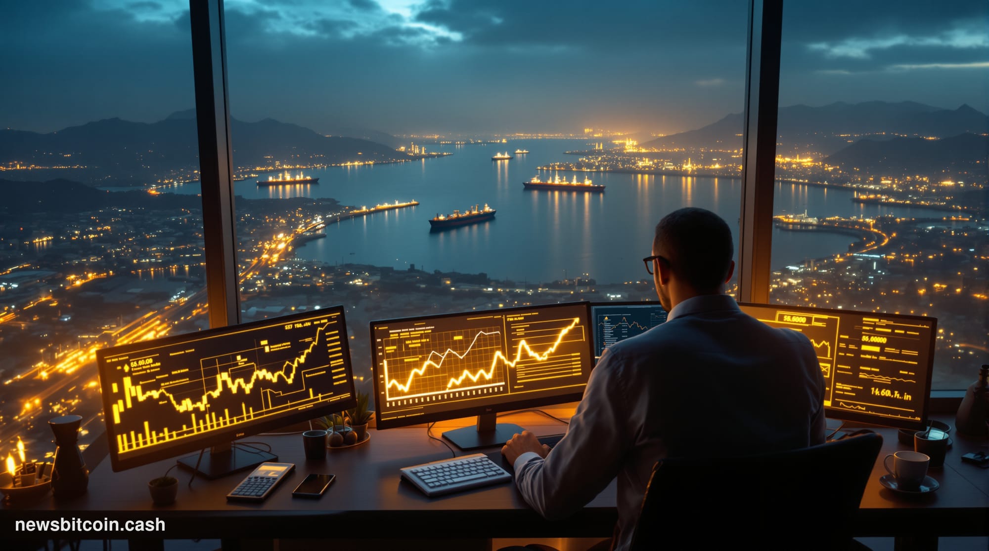 A cinematic photorealistic editorial photograph capturing Bitcoin's resilience amid global economic turbulence. The scene sho