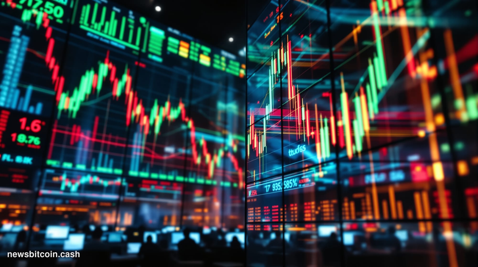 A dramatic cinematic photograph of a massive electronic trading floor or financial data center, shot from a low angle looking