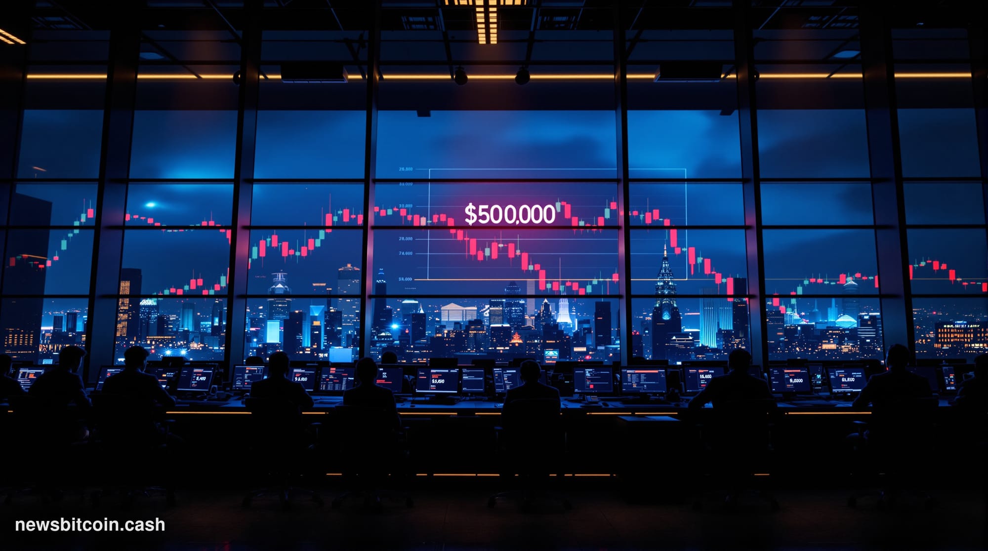 A cinematic photorealistic editorial photograph showing a dramatic low-angle view of a modern financial trading floor or cryp
