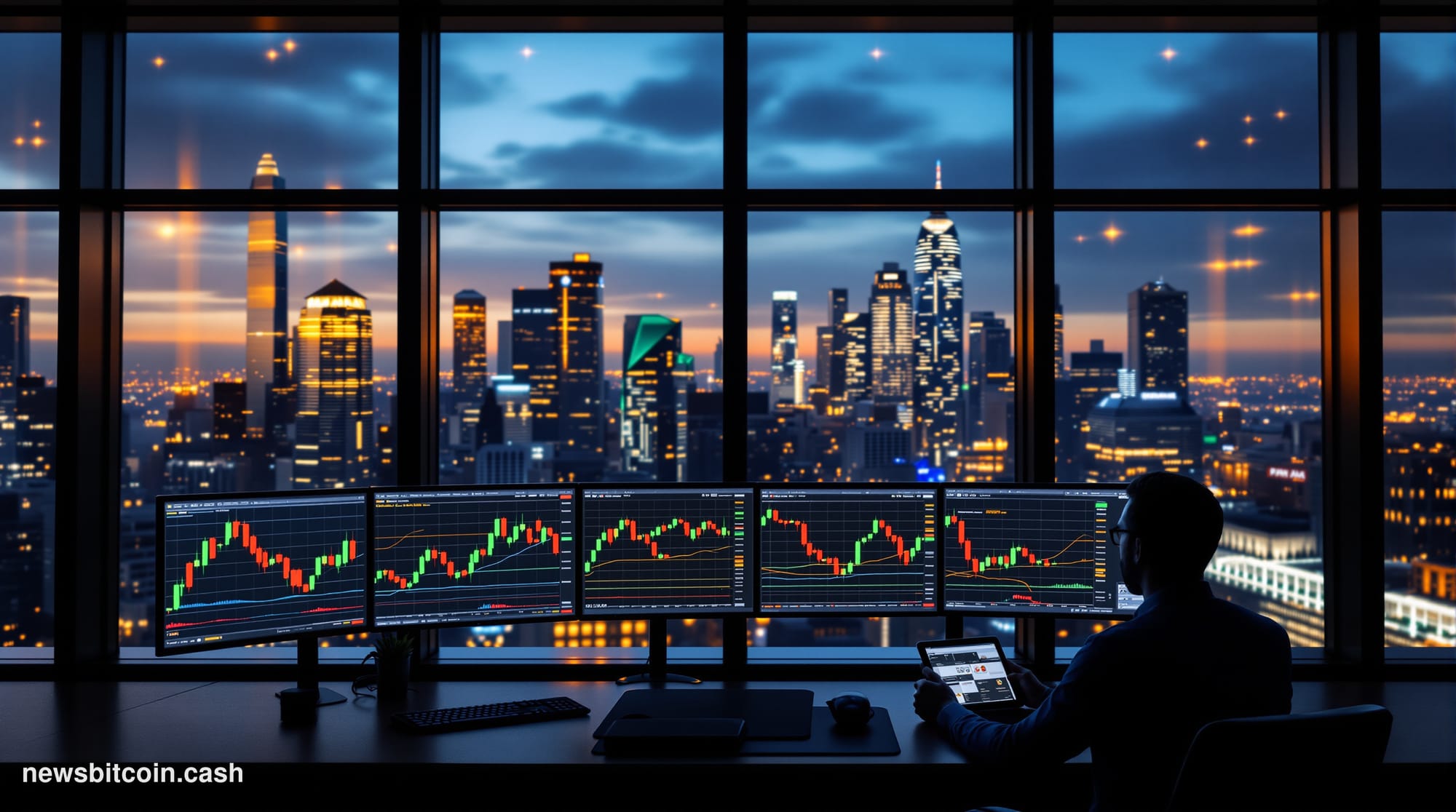 A cinematic photorealistic editorial photograph of a modern financial research facility, featuring floor-to-ceiling windows o