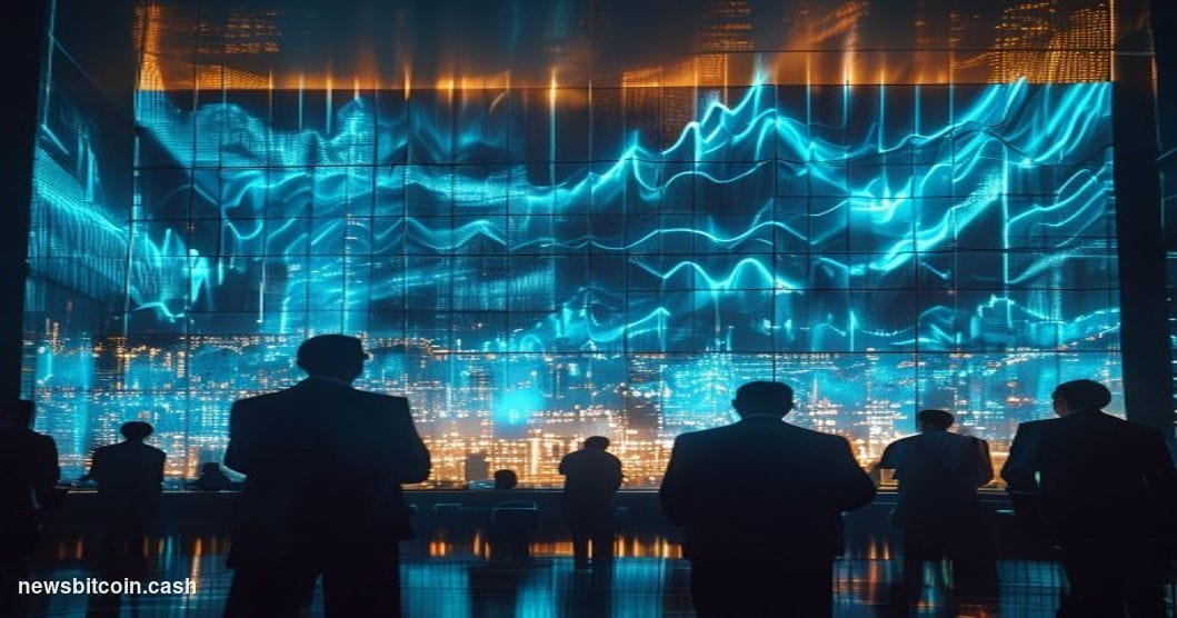 A cinematic photorealistic editorial photograph showing a dramatic financial trading floor scene with multiple large screens 