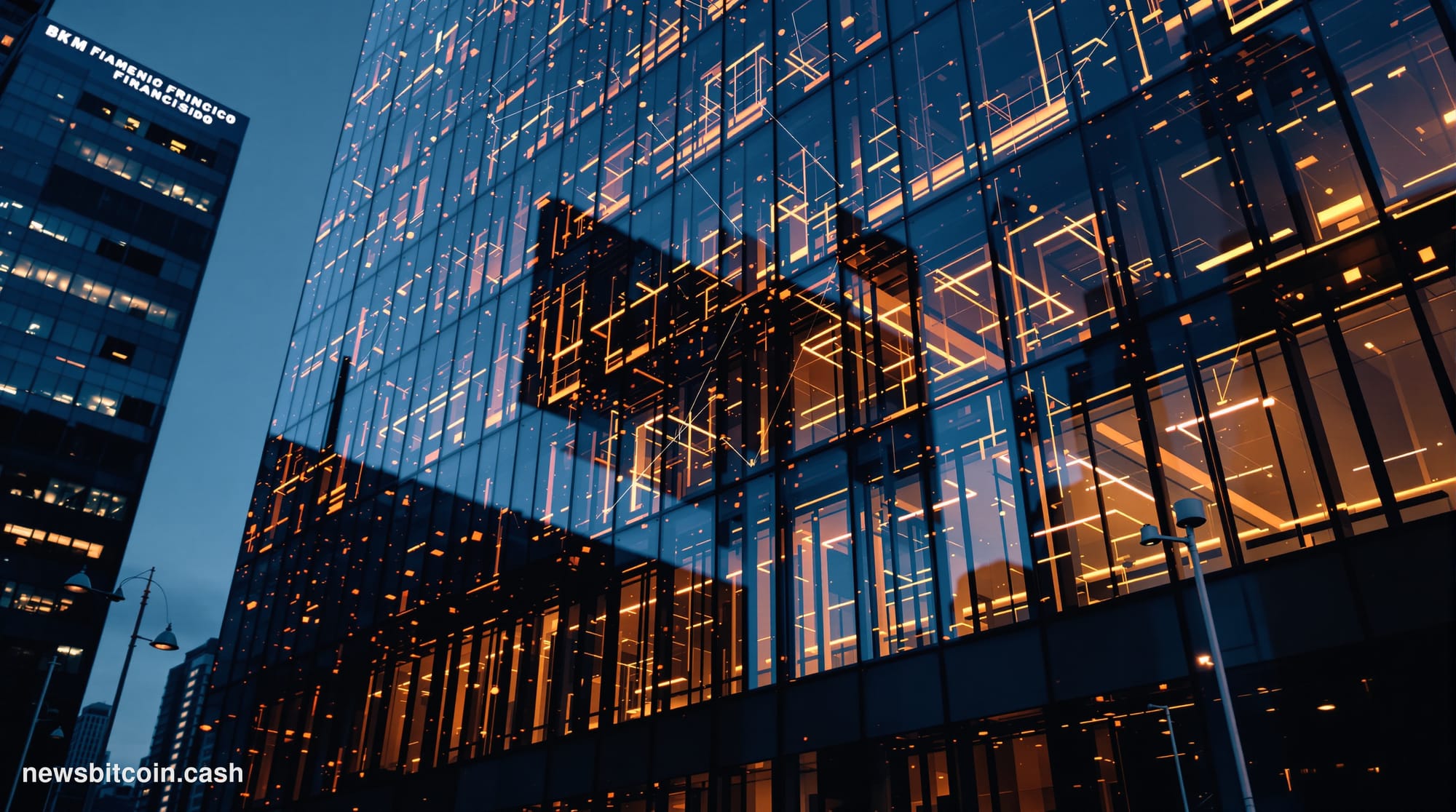 A cinematic photorealistic editorial photograph showing BitGo's corporate headquarters or office building in San Francisco's 
