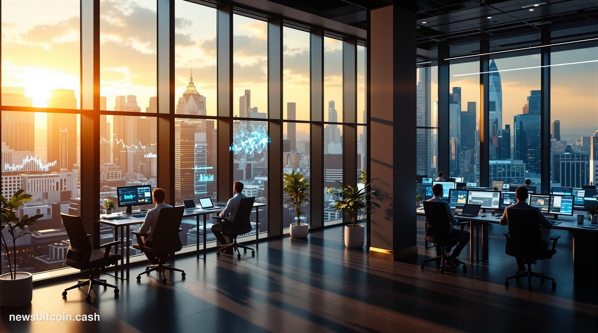 A cinematic photorealistic editorial photograph showing a modern tech company office environment with floor-to-ceiling window