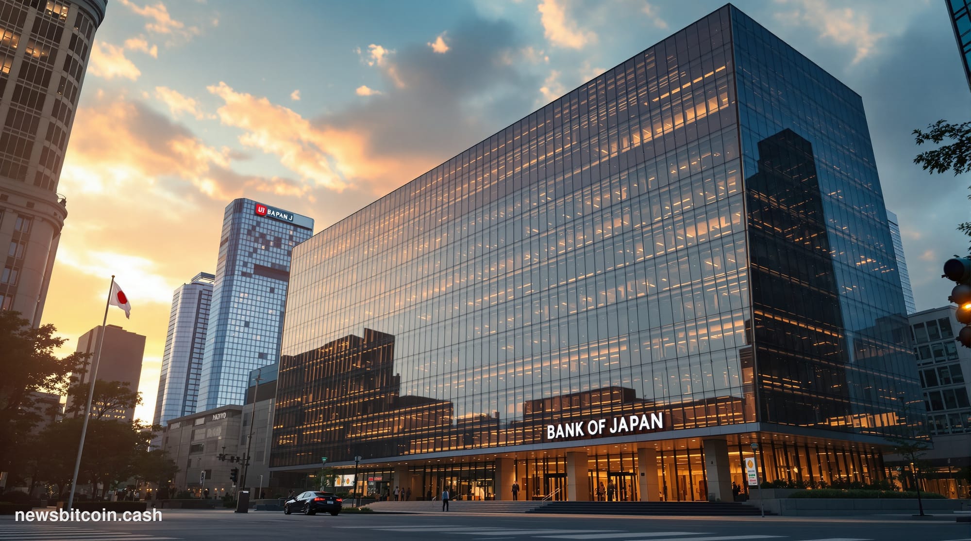 A cinematic photorealistic editorial photograph of the Bank of Japan headquarters building in Tokyo's financial district, cap