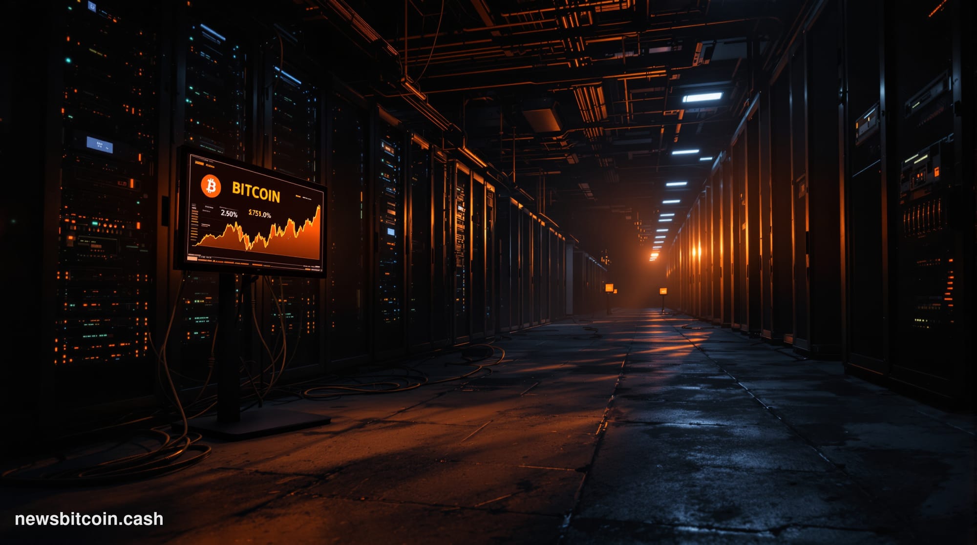 A cinematic photorealistic editorial photograph showing an abandoned Bitcoin mining facility or data center at sunset, with d
