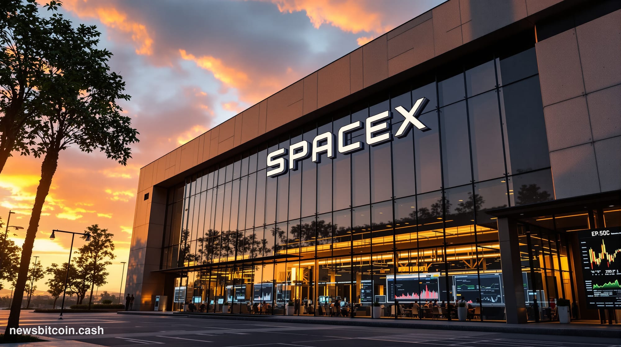 A cinematic photorealistic editorial photograph showing the sleek modern exterior of SpaceX's Hawthorne headquarters at golde