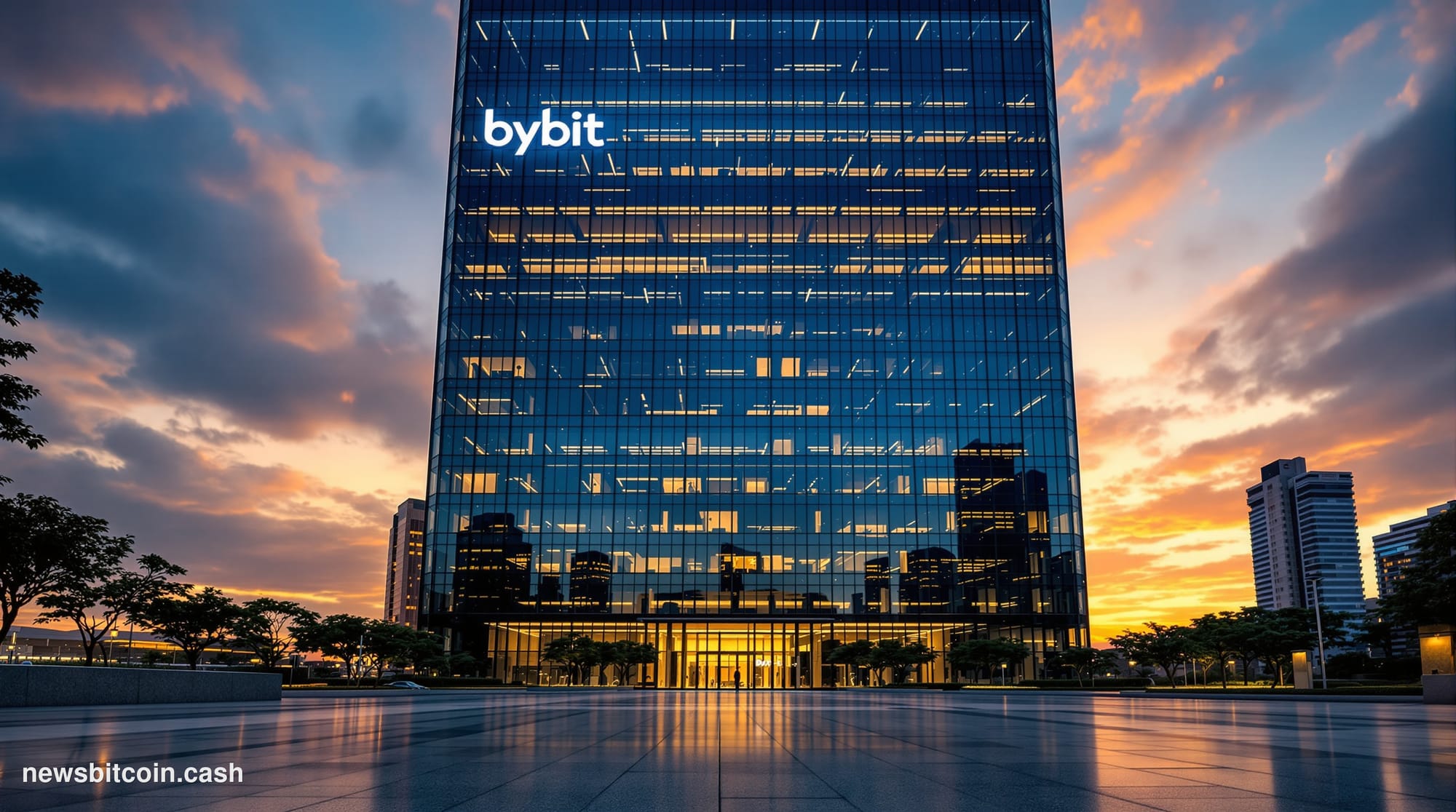 A cinematic photorealistic editorial photograph of Bybit's modern Singapore headquarters building at dusk, with the distincti