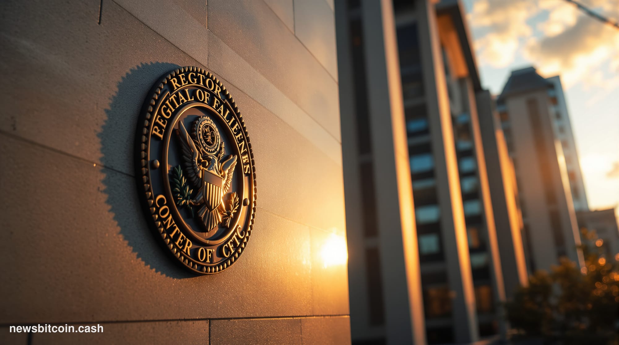 A cinematic photorealistic editorial photograph of the CFTC headquarters building in Washington DC, captured during golden ho