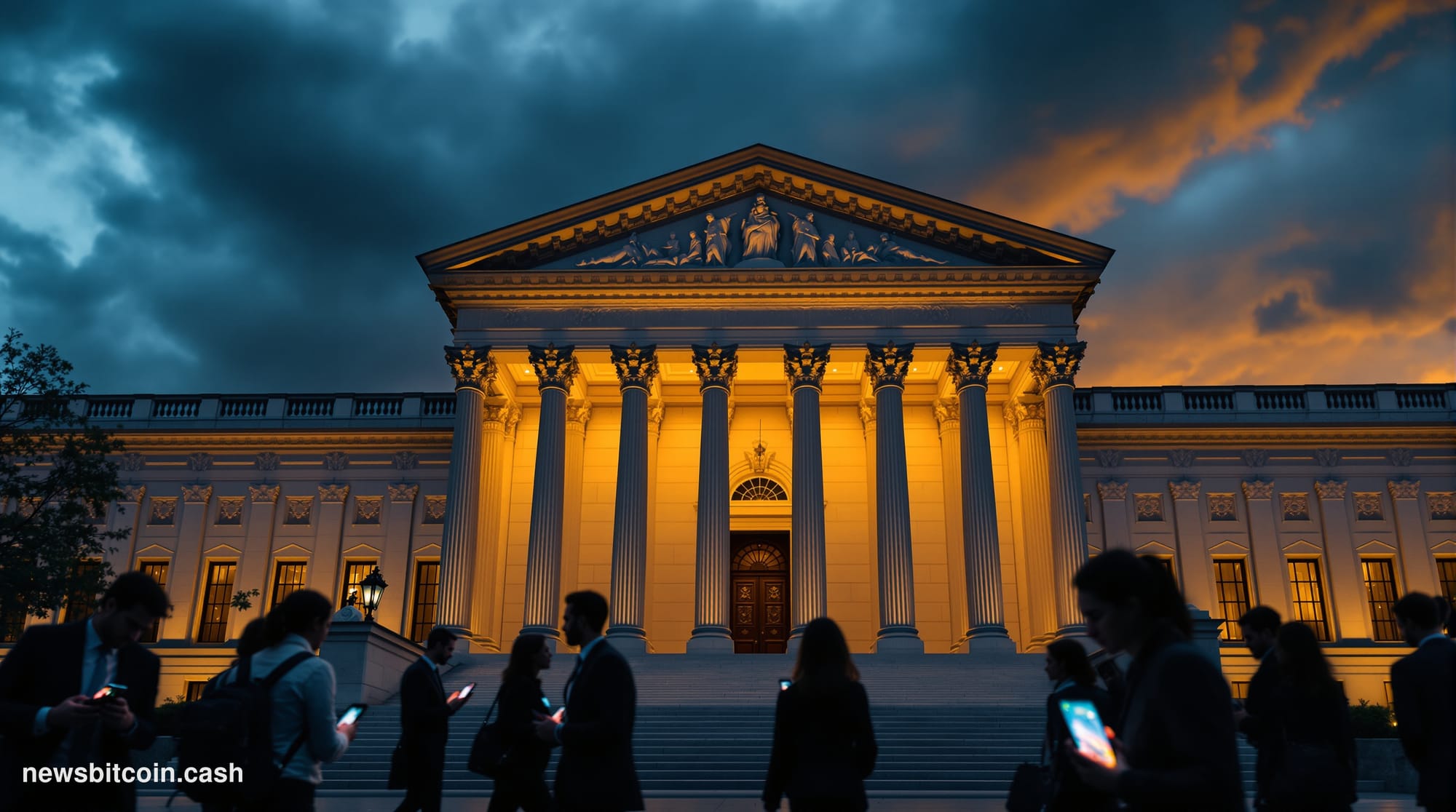 A cinematic photorealistic editorial photograph showing the imposing facade of the CFTC headquarters building in Washington D