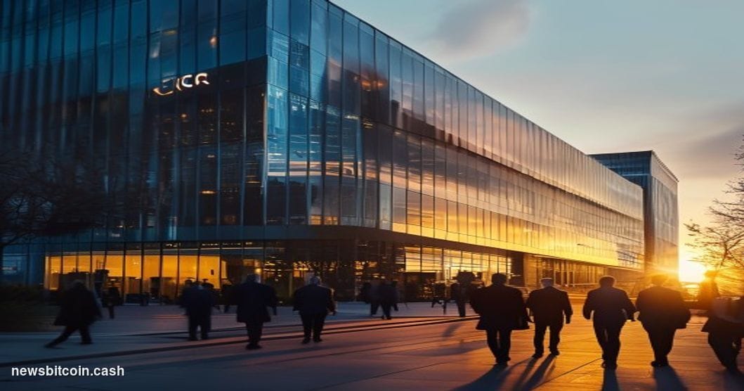 A cinematic photorealistic editorial photograph of the CFTC headquarters building in Washington D.C., captured from a low ang