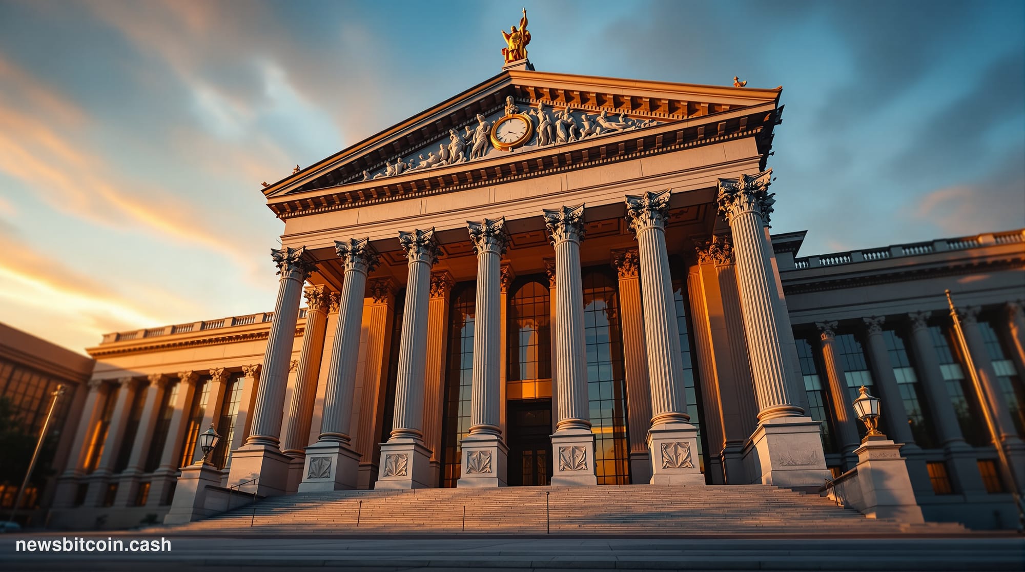A cinematic photorealistic editorial photograph of the CFTC headquarters building in Washington DC, captured during the golde